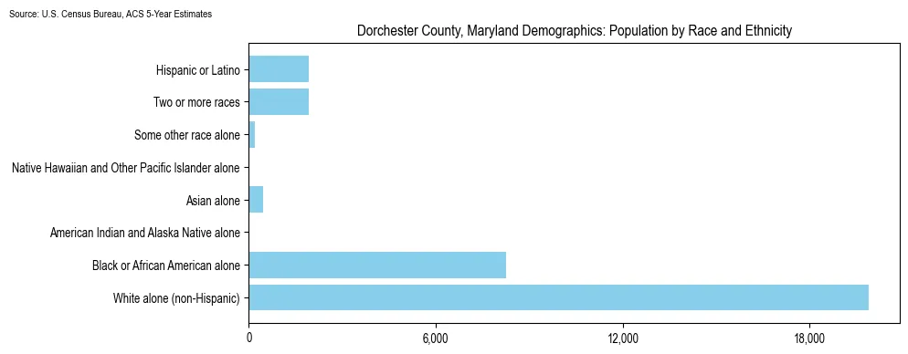 Population by race and ethnicity in Dorchester County, Maryland based on 2023 U.S. Census Bureau ACS data