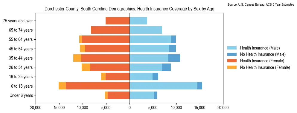 Health insurance coverage by age and sex in Dorchester County, South Carolina from the 2023 ACS