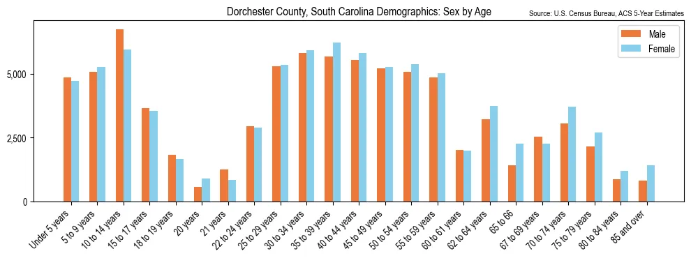 Population by age and sex in Dorchester County, South Carolina, based on 2023 ACS data