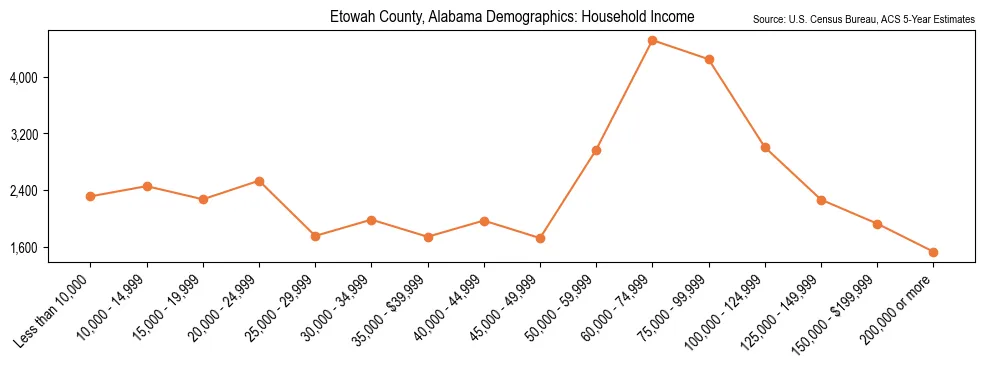 Median and distribution of household income in Etowah County, Alabama based on 2023 American Community Survey (ACS)
