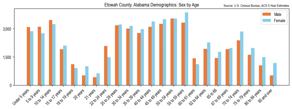 Population by age and sex in Etowah County, Alabama, based on 2023 ACS data