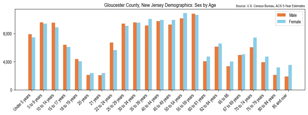 Population by age and sex in Gloucester County, New Jersey, based on 2023 ACS data