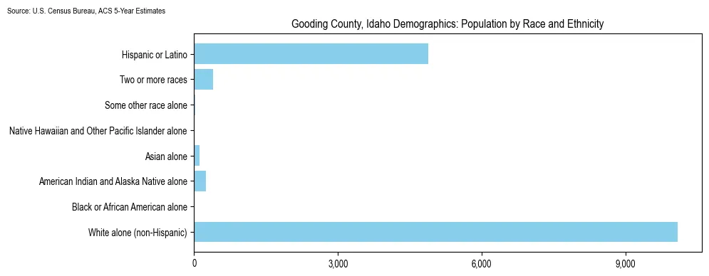 Population by race and ethnicity in Gooding County, Idaho based on 2023 U.S. Census Bureau ACS data