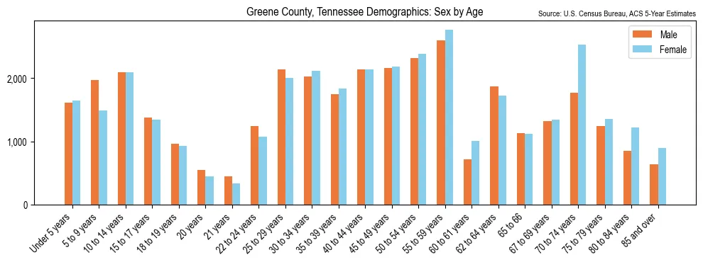 Population by age and sex in Greene County, Tennessee, based on 2023 ACS data