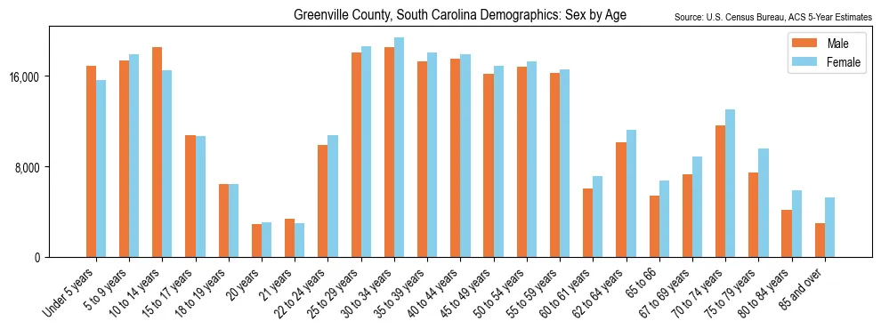 Population by age and sex in Greenville County, South Carolina, based on 2023 ACS data