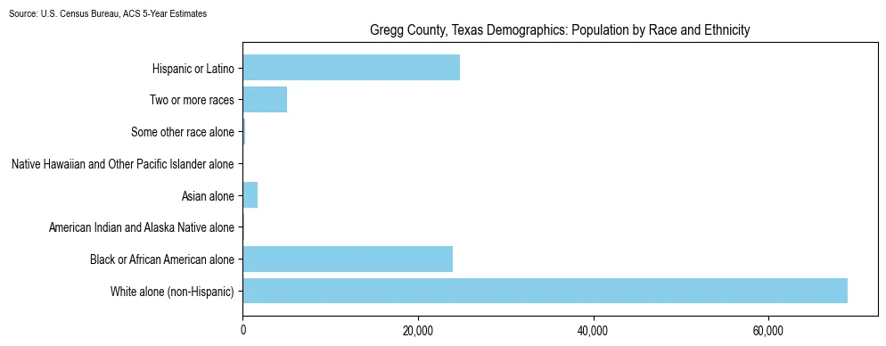 Population by race and ethnicity in Gregg County, Texas based on 2023 U.S. Census Bureau ACS data