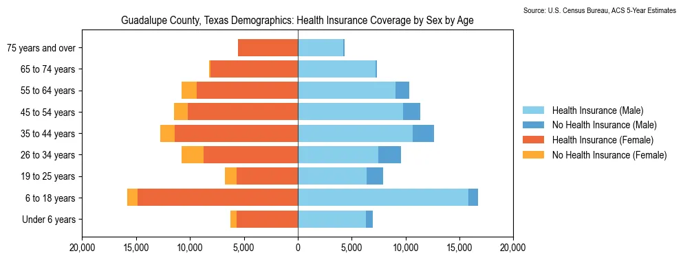 Health insurance coverage by age and sex in Guadalupe County, Texas from the 2023 ACS