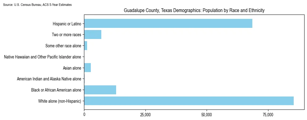 Population by race and ethnicity in Guadalupe County, Texas based on 2023 U.S. Census Bureau ACS data