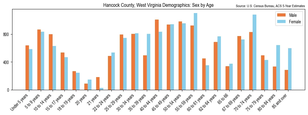 Population by age and sex in Hancock County, West Virginia, based on 2023 ACS data