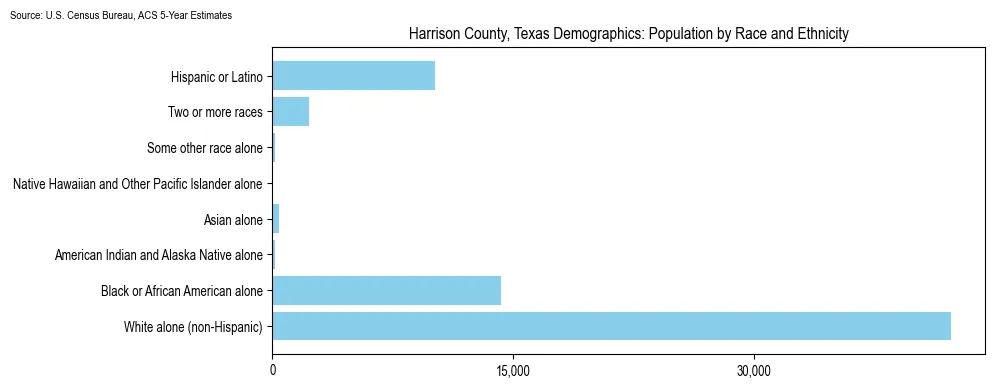 Population by race and ethnicity in Harrison County, Texas based on 2023 U.S. Census Bureau ACS data