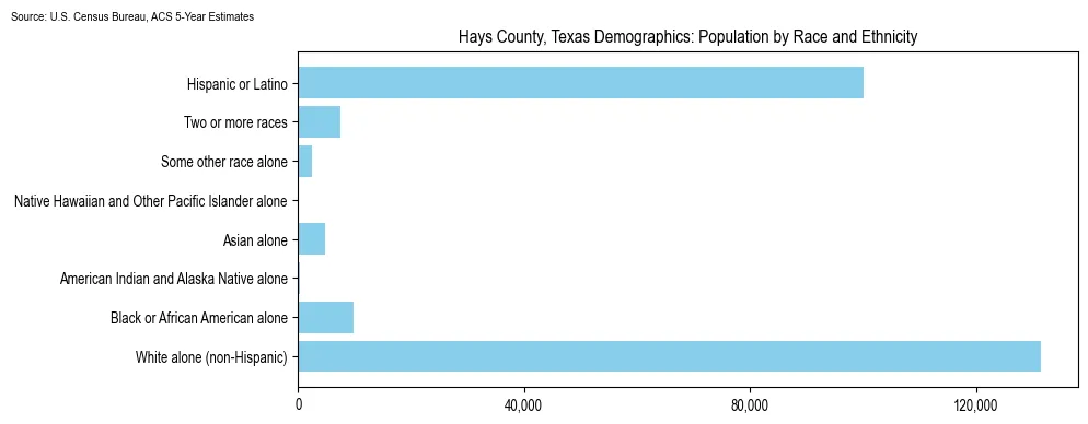 Population by race and ethnicity in Hays County, Texas based on 2023 U.S. Census Bureau ACS data