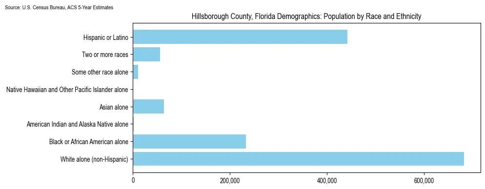 Population by race and ethnicity in Hillsborough County, Florida based on 2023 U.S. Census Bureau ACS data