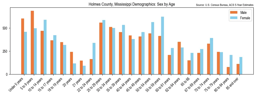 Population by age and sex in Holmes County, Mississippi, based on 2023 ACS data