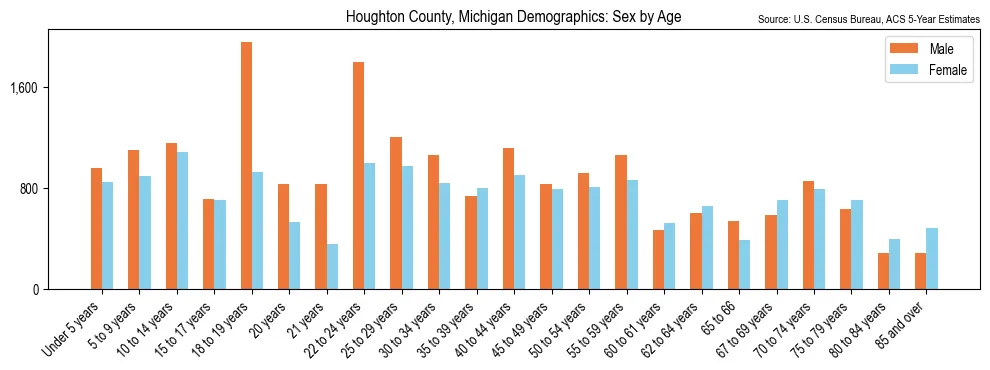 Population by age and sex in Houghton County, Michigan, based on 2023 ACS data