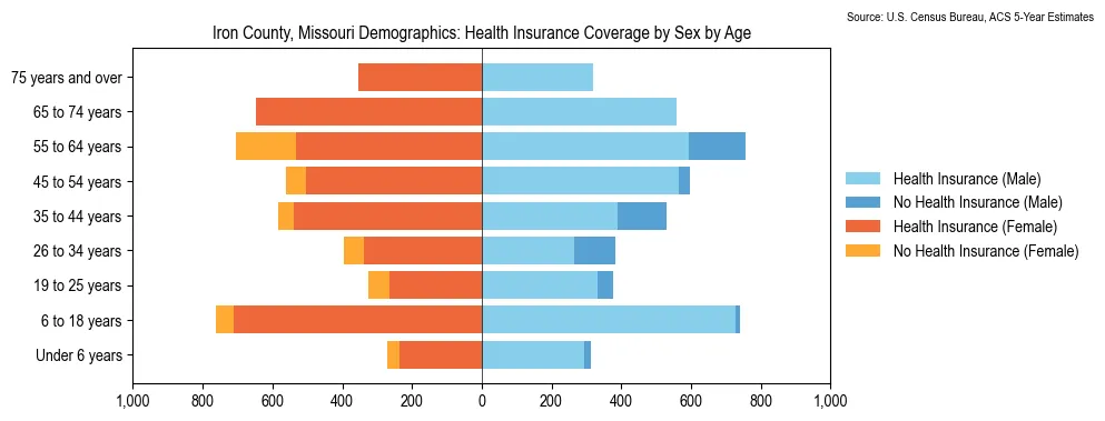 Health insurance coverage by age and sex in Iron County, Missouri from the 2023 ACS