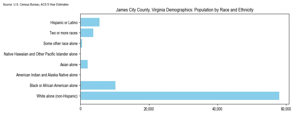 Population by race and ethnicity in James City County, Virginia based on 2023 U.S. Census Bureau ACS data