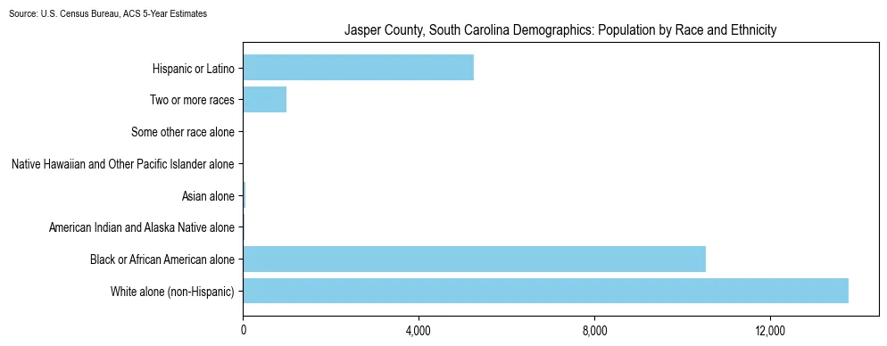 Population by race and ethnicity in Jasper County, South Carolina based on 2023 U.S. Census Bureau ACS data