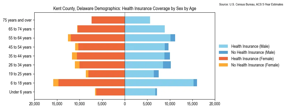 Health insurance coverage by age and sex in Kent County, Delaware from the 2023 ACS