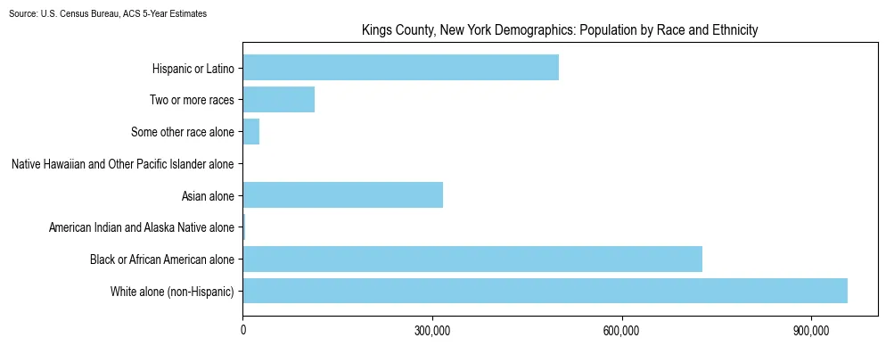 Population by race and ethnicity in Kings County, New York based on 2023 U.S. Census Bureau ACS data