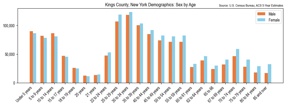 Population by age and sex in Kings County, New York, based on 2023 ACS data