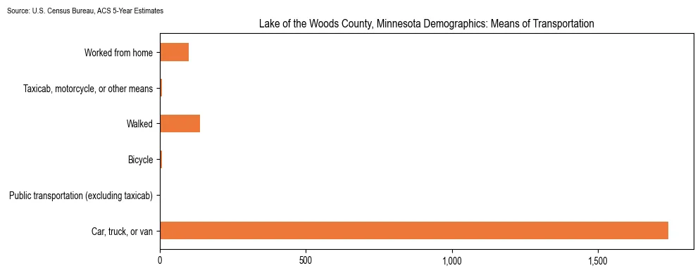 How people commute to work in Lake of the Woods County, Minnesota based on 2023 U.S. Census Bureau ACS data on transportation methods
