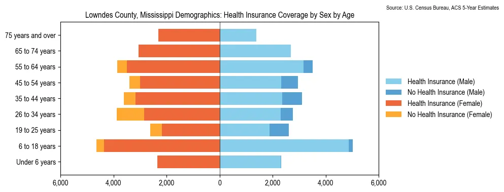 Health insurance coverage by age and sex in Lowndes County, Mississippi from the 2023 ACS