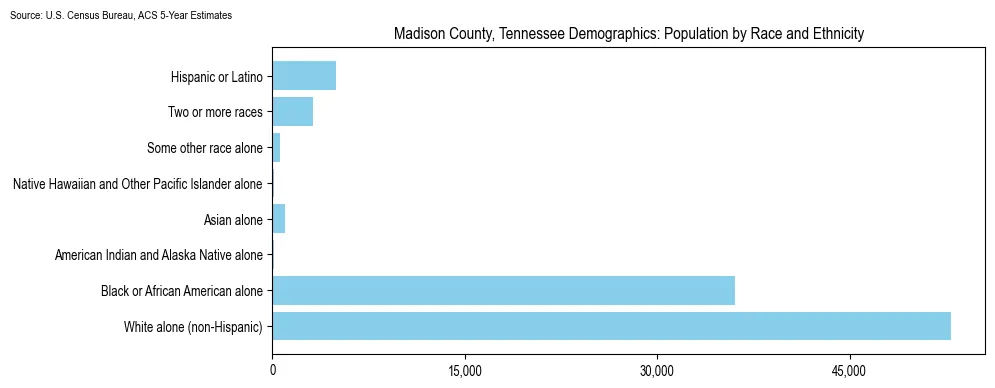 Population by race and ethnicity in Madison County, Tennessee based on 2023 U.S. Census Bureau ACS data