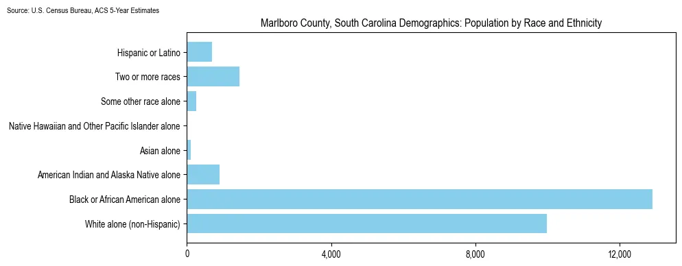 Population by race and ethnicity in Marlboro County, South Carolina based on 2023 U.S. Census Bureau ACS data