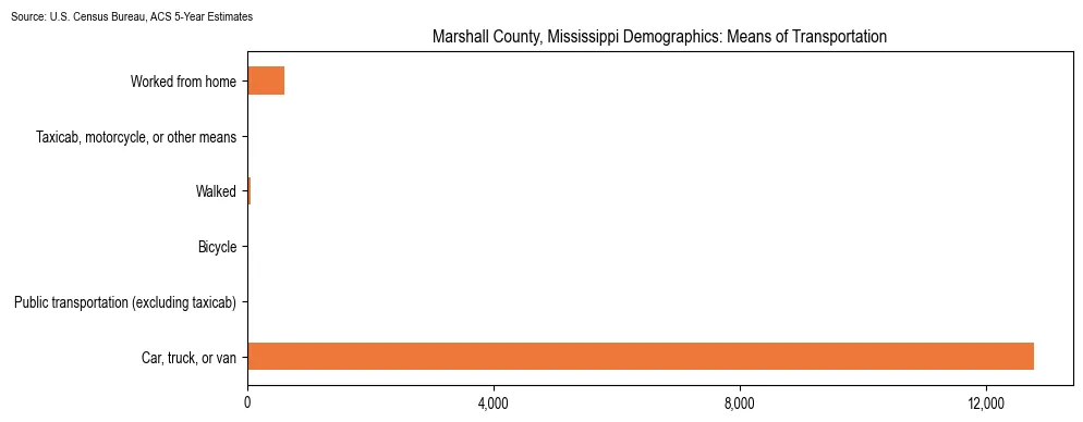 How people commute to work in Marshall County, Mississippi based on 2023 U.S. Census Bureau ACS data on transportation methods