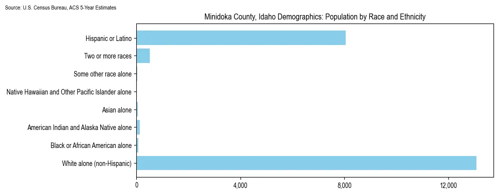 Population by race and ethnicity in Minidoka County, Idaho based on 2023 U.S. Census Bureau ACS data