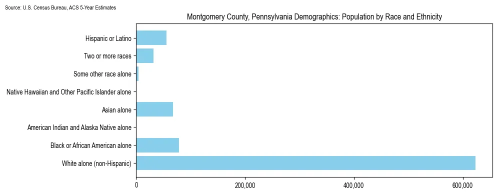 Population by race and ethnicity in Montgomery County, Pennsylvania based on 2023 U.S. Census Bureau ACS data