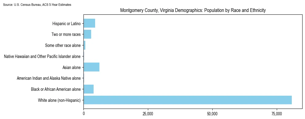Population by race and ethnicity in Montgomery County, Virginia based on 2023 U.S. Census Bureau ACS data