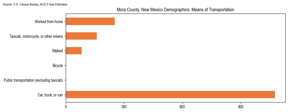How people commute to work in Mora County, New Mexico based on 2023 U.S. Census Bureau ACS data on transportation methods