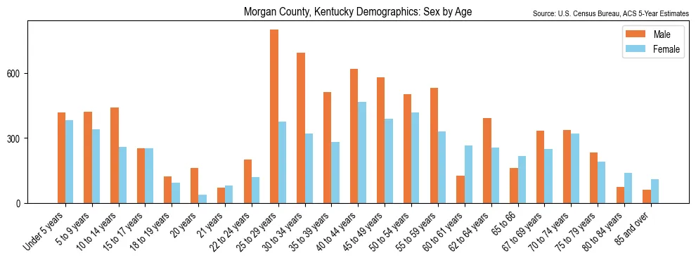 Population by age and sex in Morgan County, Kentucky, based on 2023 ACS data