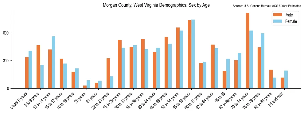 Population by age and sex in Morgan County, West Virginia, based on 2023 ACS data