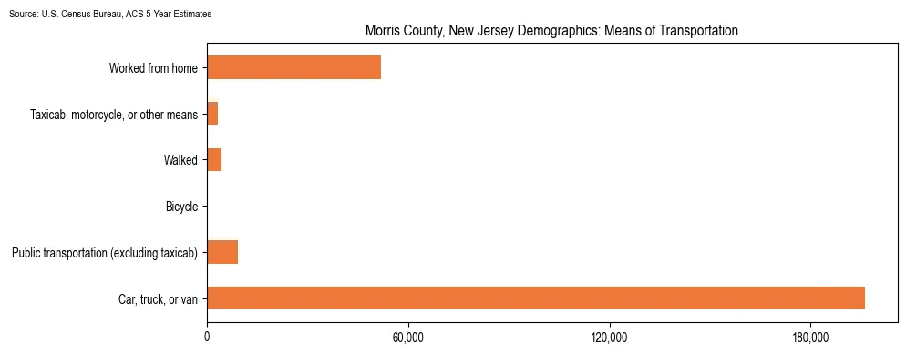 How people commute to work in Morris County, New Jersey based on 2023 U.S. Census Bureau ACS data on transportation methods