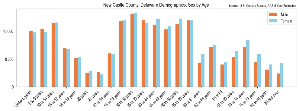 Population by age and sex in New Castle County, Delaware, based on 2023 ACS data