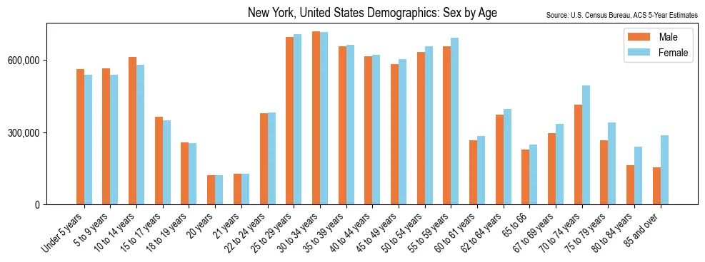 Detailed demographic breakdown of the population in New York by sex and age based on 2023 American Community Survey (ACS) data