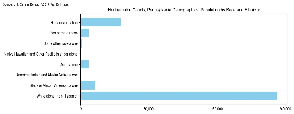 Population by race and ethnicity in Northampton County, Pennsylvania based on 2023 U.S. Census Bureau ACS data