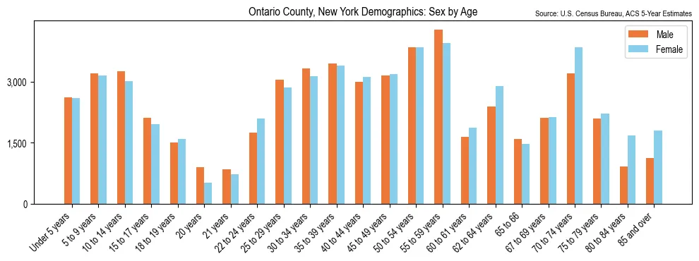 Population by age and sex in Ontario County, New York, based on 2023 ACS data
