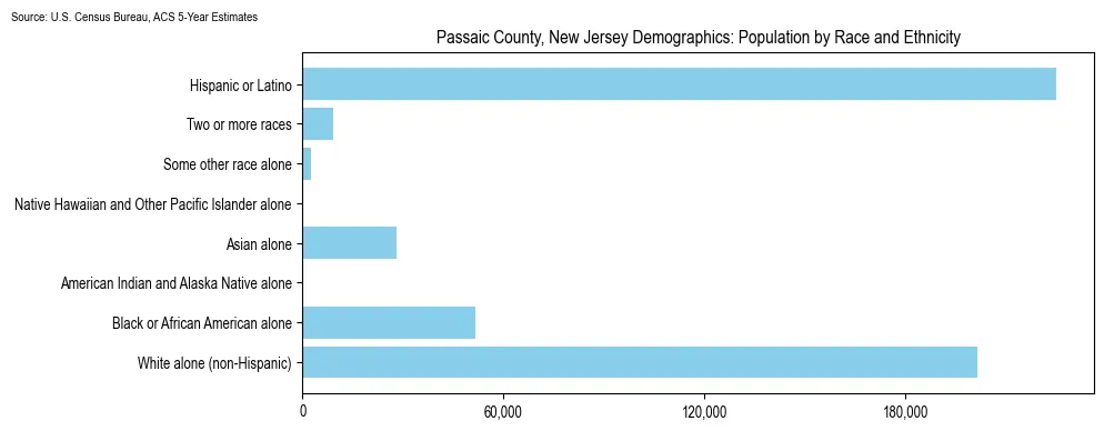 Population by race and ethnicity in Passaic County, New Jersey based on 2023 U.S. Census Bureau ACS data