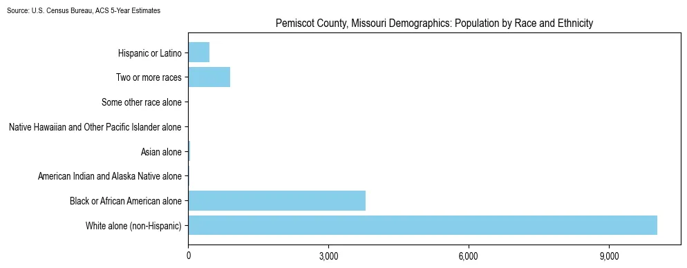 Population by race and ethnicity in Pemiscot County, Missouri based on 2023 U.S. Census Bureau ACS data