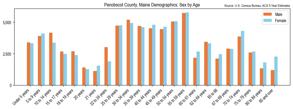 Population by age and sex in Penobscot County, Maine, based on 2023 ACS data