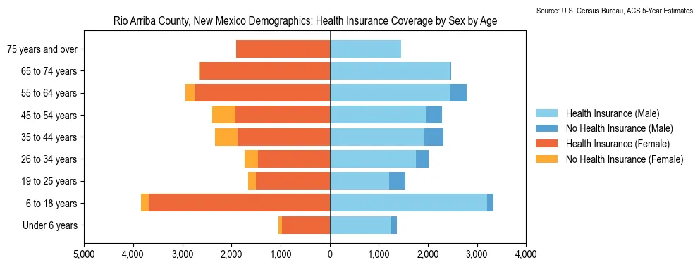 Health insurance coverage by age and sex in Rio Arriba County, New Mexico from the 2023 ACS