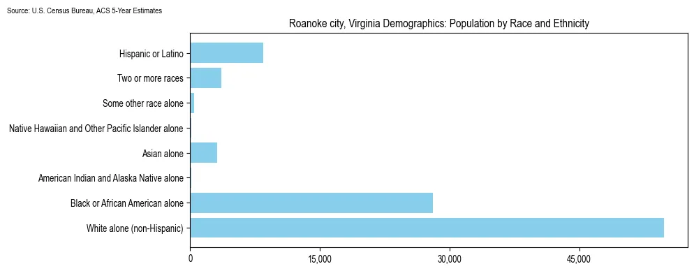 Population by race and ethnicity in Roanoke city, Virginia based on 2023 U.S. Census Bureau ACS data