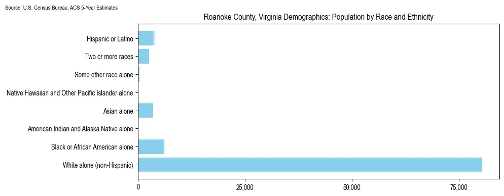 Population by race and ethnicity in Roanoke County, Virginia based on 2023 U.S. Census Bureau ACS data