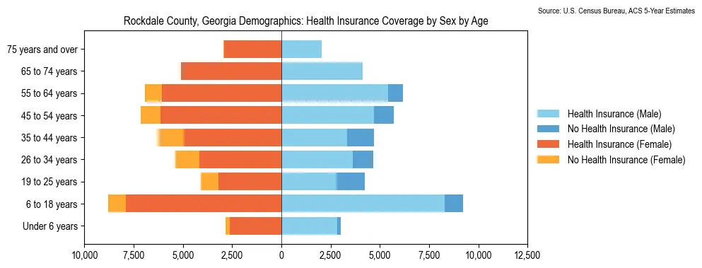 Health insurance coverage by age and sex in Rockdale County, Georgia from the 2023 ACS