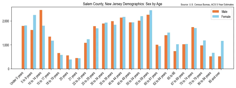 Population by age and sex in Salem County, New Jersey, based on 2023 ACS data