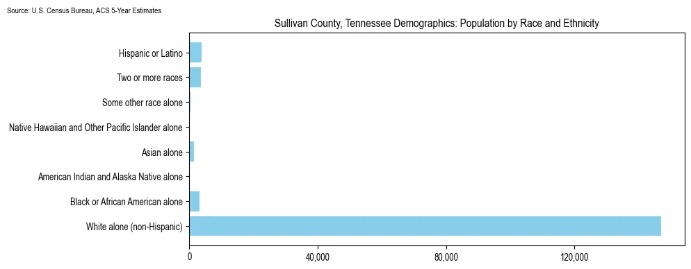 Population by race and ethnicity in Sullivan County, Tennessee based on 2023 U.S. Census Bureau ACS data