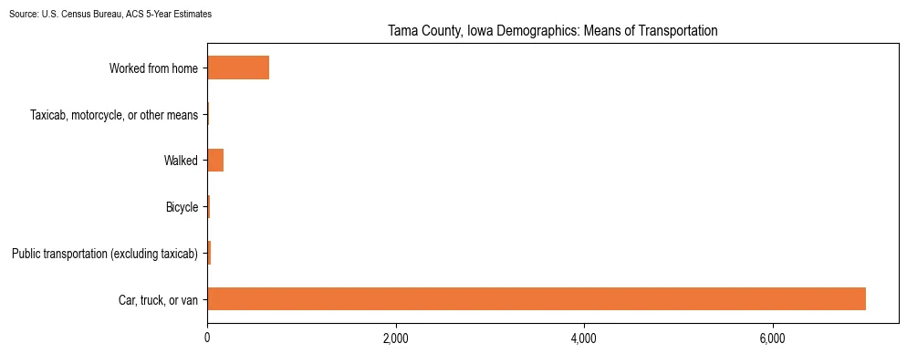 How people commute to work in Tama County, Iowa based on 2023 U.S. Census Bureau ACS data on transportation methods
